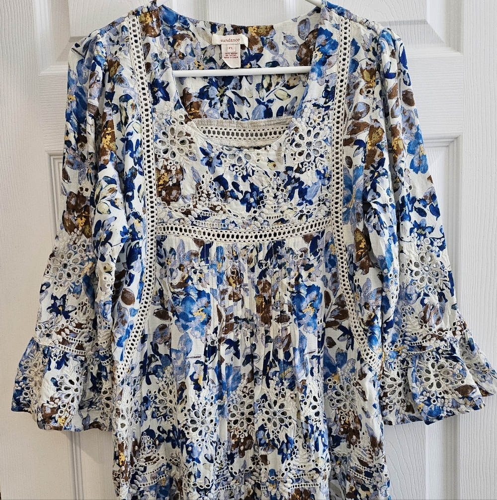 Sundance P Large Eyelet Floral Peasant Tunic Top Career Boho